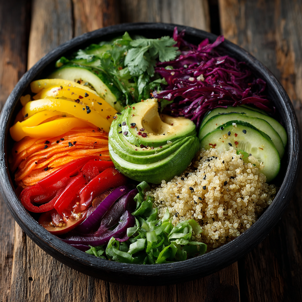 Colorful healthy salad bowl with fresh vegetables, quinoa and avocado on wooden table, representing nutritious meal planning