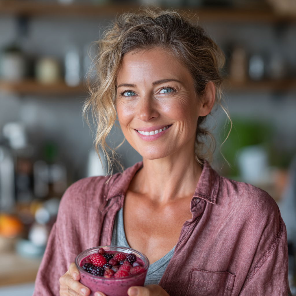 Happy woman in her late 40s holding a nutritious smoothie bowl with fruits, smiling confidently in bright kitchen setting