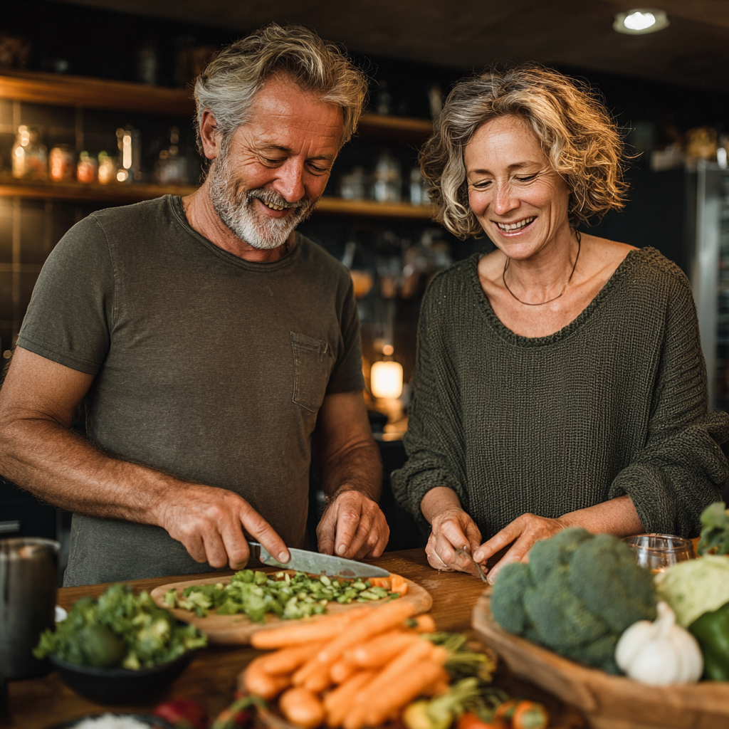 Mature couple in their 50s preparing healthy meal together in modern kitchen, smiling while chopping vegetables